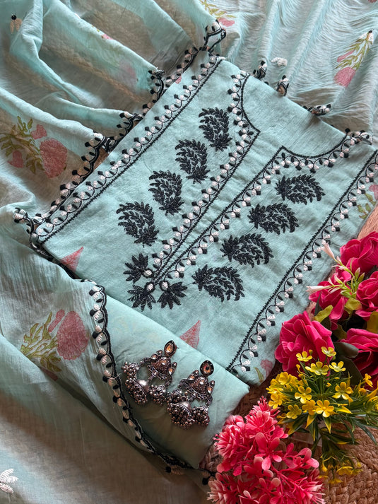 Blocks and pearl pastel Mul Chanderi suit set