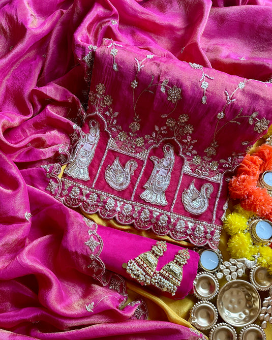 Karvachauth shimmer silk jaal embroidered suit set