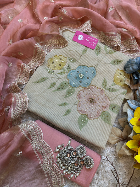 Appliqué work shimmer lines organza suit with embroidered dupatta