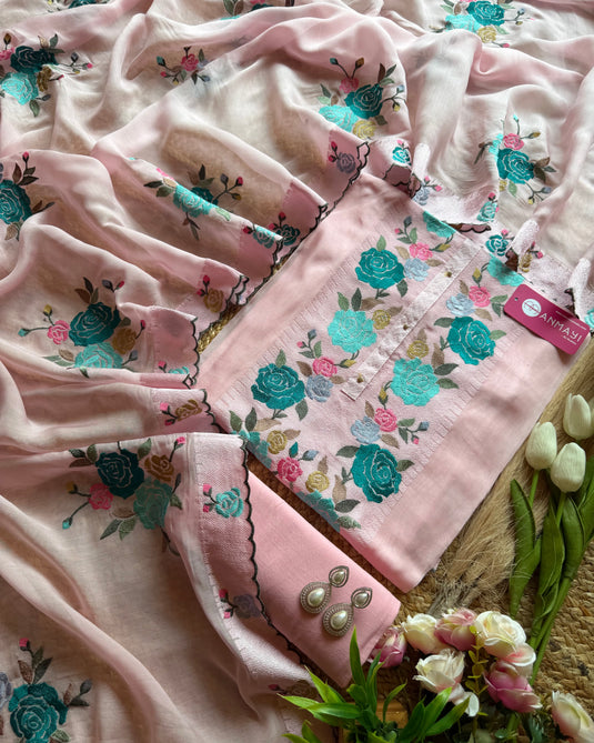 Mul cotton aari work flower pastel suit set