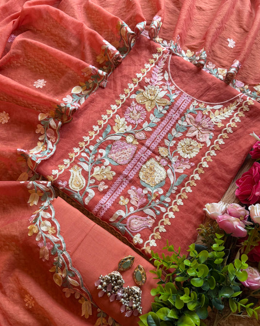 Coloured aari work mul chanderi suit set
