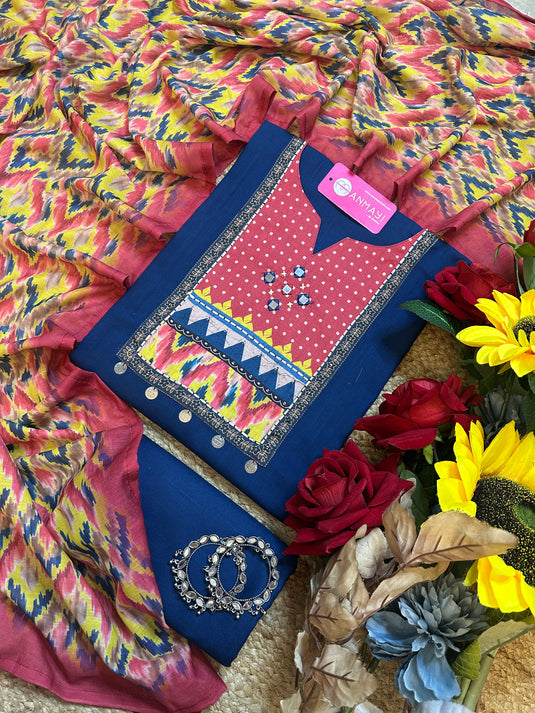 Rayon Banjara neck suit with muslin dupatta