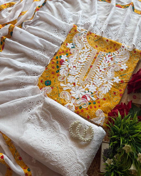 Bandhani print chikan neck pure cotton suit set