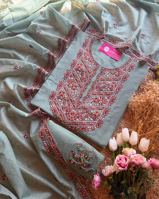 Mul Chanderi Phulkari coloured work suit set