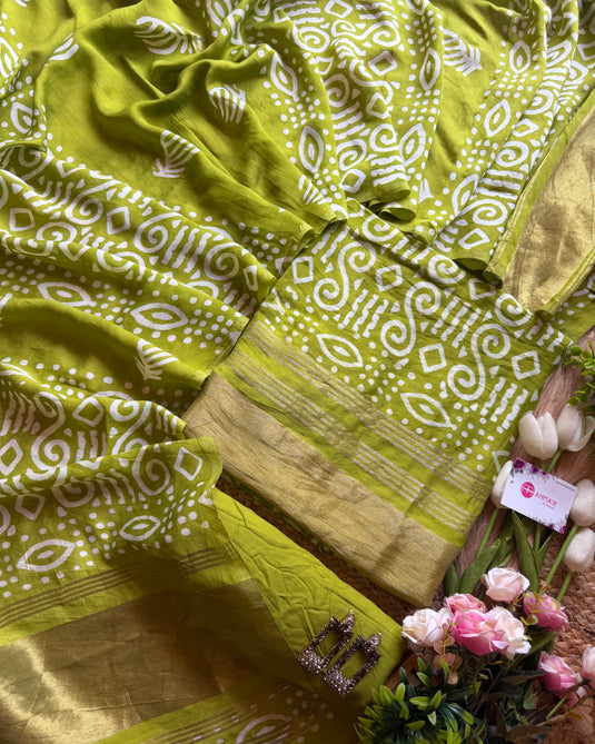 Muslin cotton batik print Zari weave suit set