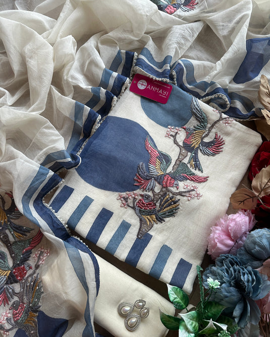 Patterned geometric embroidered pure mul suit