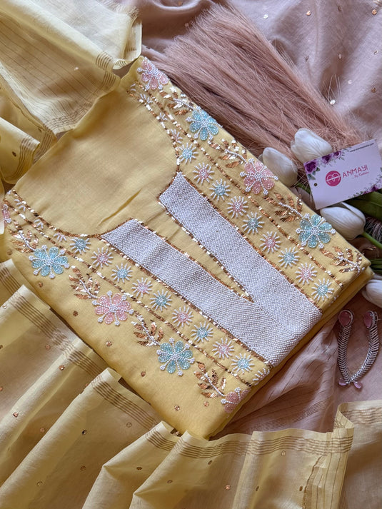 Pure Mul Mukaish Kamdani hand embroidered suit set (Design 2)