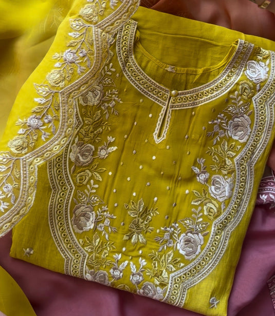 Semi stitched parsi work patched organza neck pure Mul cotton suit
