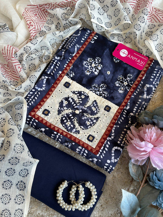 Cambric batik print suit with hakooba neck and block print dupatta