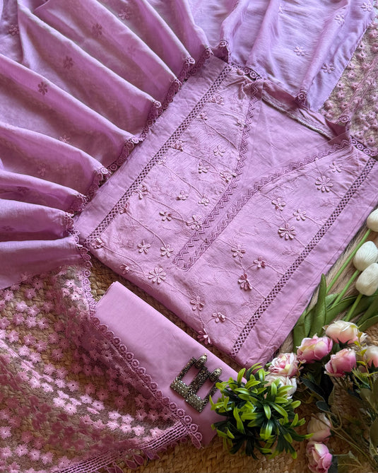 Pakistani semi stitched cotton suit set with 3D flowers and organza patch