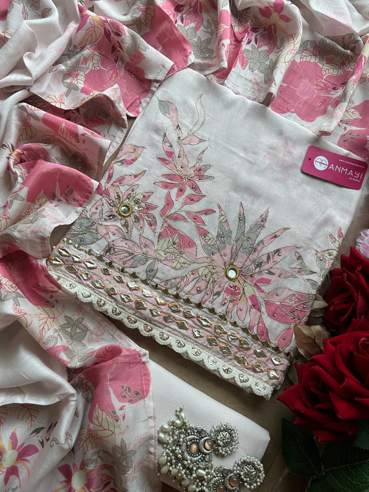 Pink printed muslin gotta work semi stitched suit set