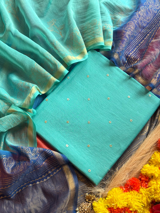 Mul Mul Chanderi zari polka pasting work with shaded gold dupatta