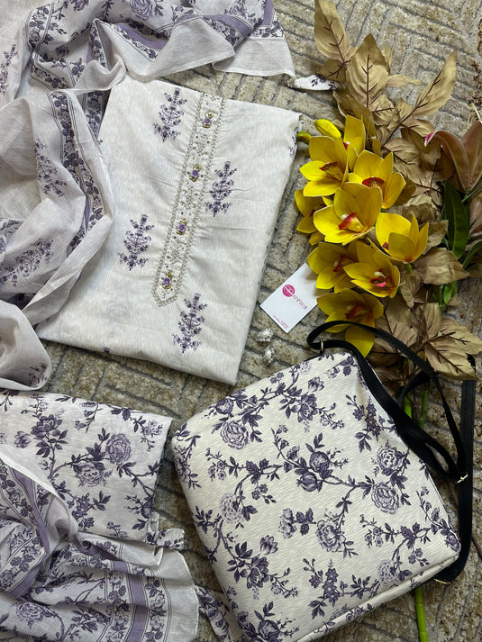 Ivory purple leaf combination suit with bag