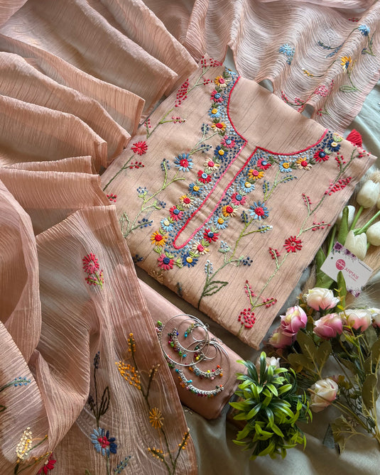 Crushed tissue shimmer French knot Kantha work suit set