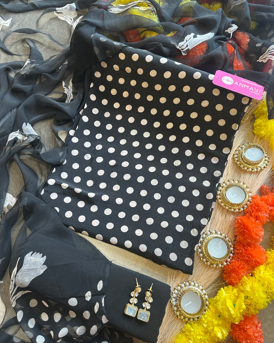 Mini polka dots pure crepe suit set with floral chiffon dupatta