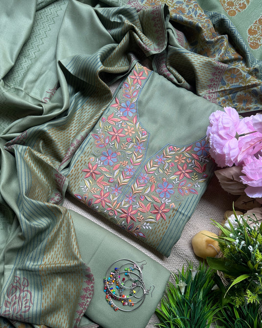 Soft Pashmina Parsi work suits with block print details