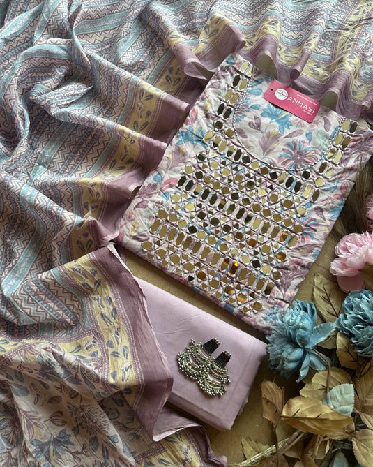 Printed cambric cotton suit with real mirror work