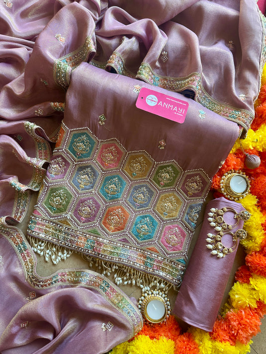 Shimmer silk coloured motif work suit set with silk bottom