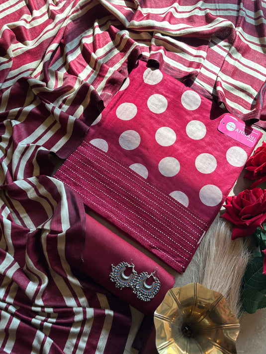 Polka dots Kantha border pure pashmina suit set