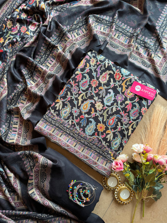 Soft Alpine Pashmina Suit set with Kashmiri work outline