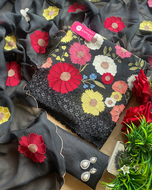 Multicoloured patched floral pure organza suit set