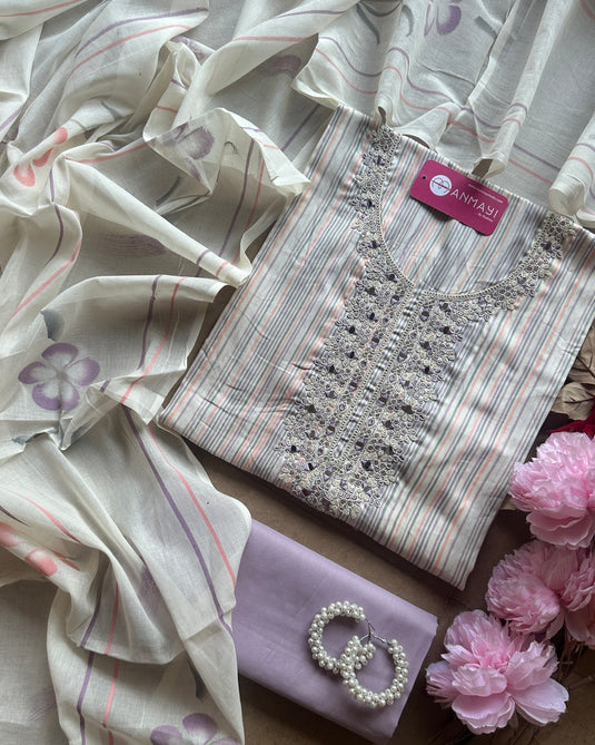 Rainbow stripes cambric cotton suit set with dori mirror neck and handprint dupatta