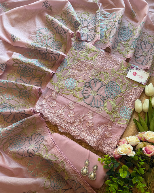 Floral organza applique work mul chanderi suit set