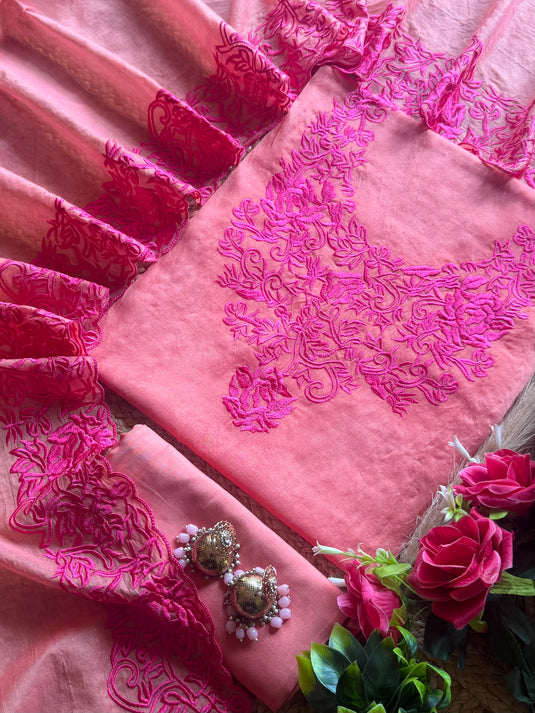 Parsi work embroidered soft mul chanderi suit set