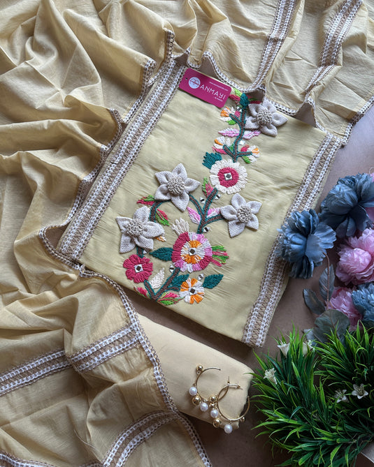 Pastel lace and wool mirror work Mul Chanderi suit set