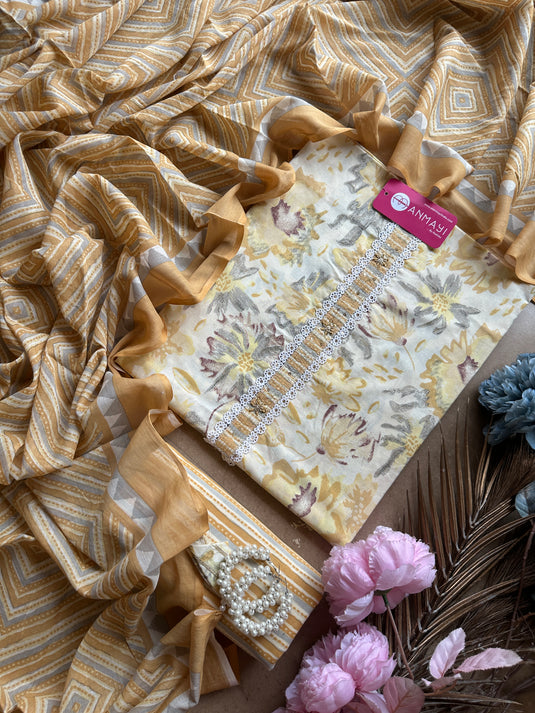 Printed lemon Mul cotton suit with Mul dupatta