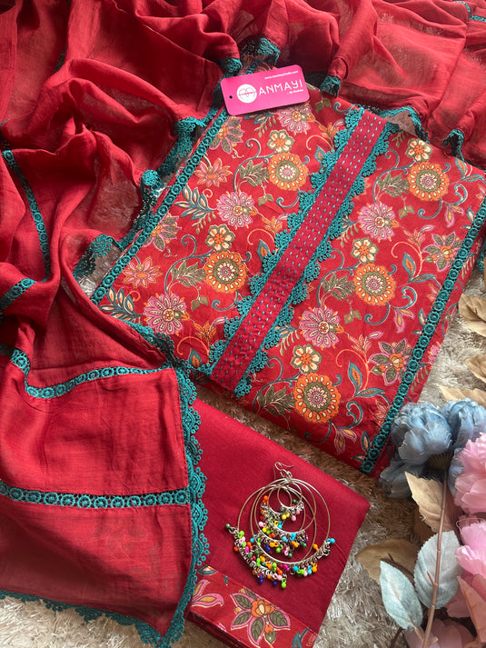 Cotton floral print lace work suit set