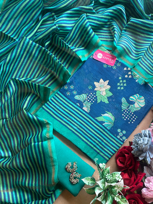 Sea flower printed pure Maheshwari suit set