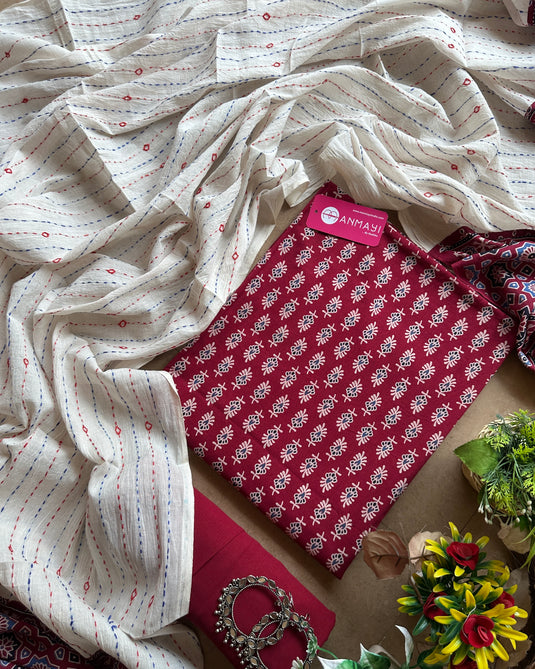 Ajrakh cotton kantha stripes dupatta set