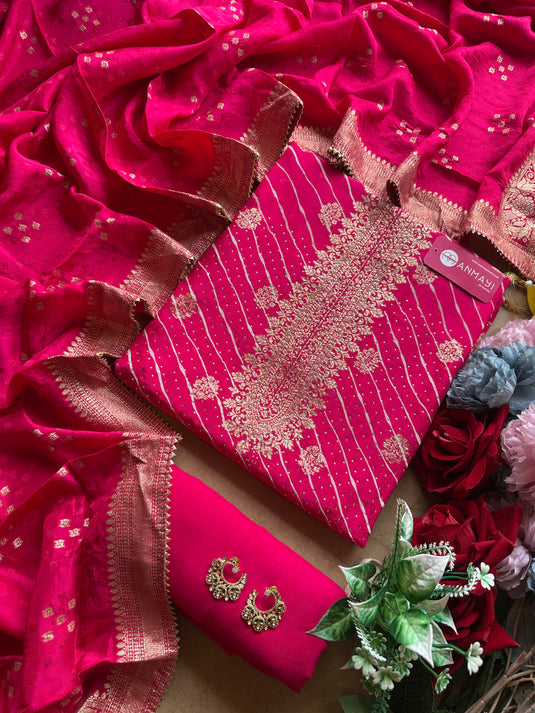 Dolla silk lehria banarasi suit set with Mukaish work highlights