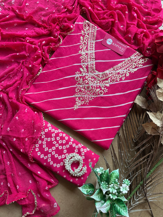 Lehria pure cotton pita work suit set with Bandhani chiffon dupatta