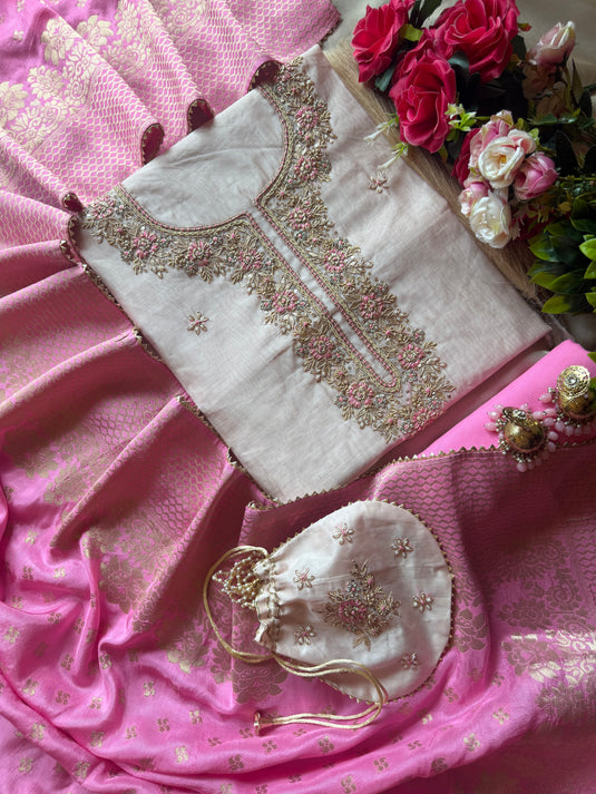Chanderi silk combination Banarasi dupatta potli suit set