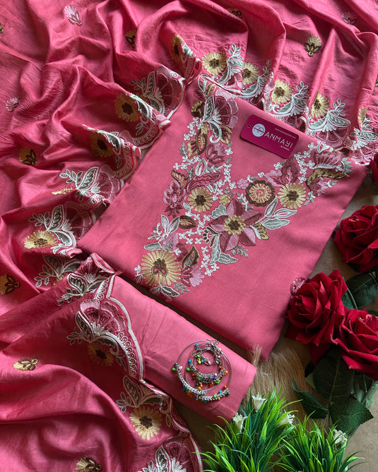 Coloured Aari Work Cotton Muslin Suit set