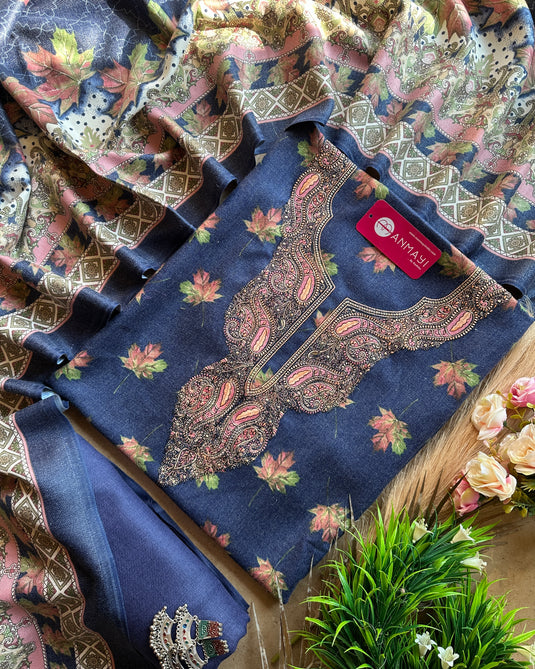 Aari work leafy print spun shawl suit set
