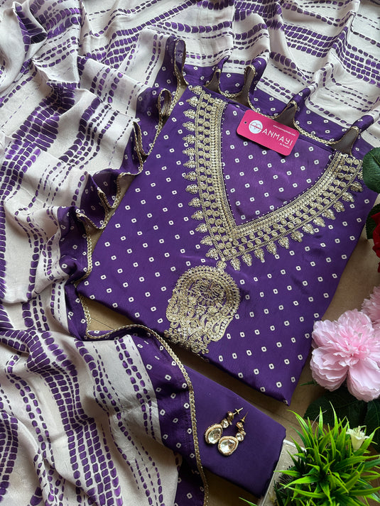 Pure crepe Bandhani print suit set with Dori work neck and tie dye dupatta