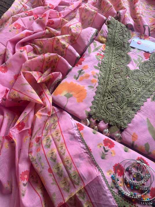 Crochet work pure cotton floral suit set with cotton dupattas