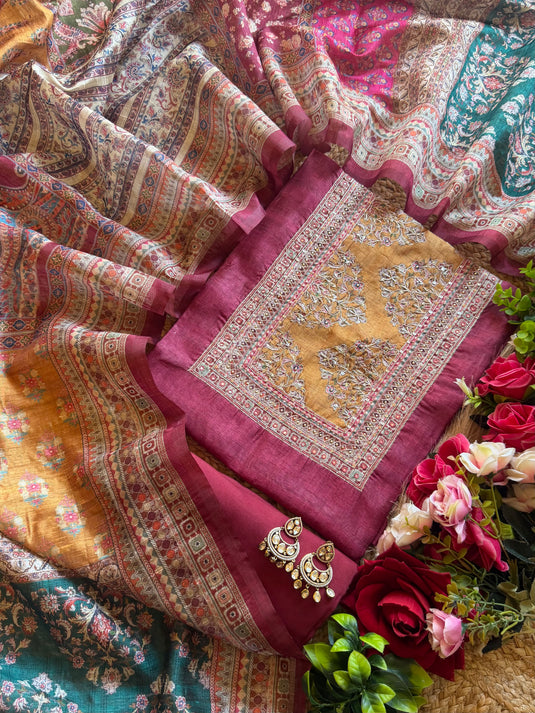 Tussar silk suits paired with printed Persian dupatta