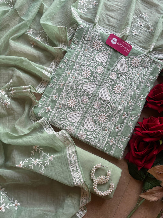 Chikankari pastel Mul Chanderi suit set