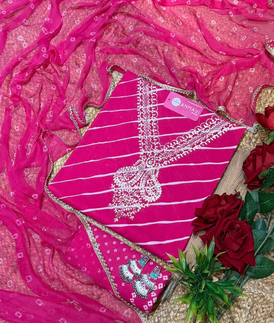 Lehria pure cotton suit set with pita neck and pure chiffon bandhani dupatta