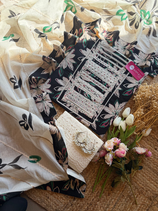 Cotton crochet pattern neck with handpaint dupatta