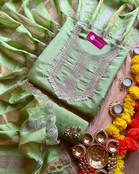 Shimmer silk kurta neck suit set with banarasi dupatta