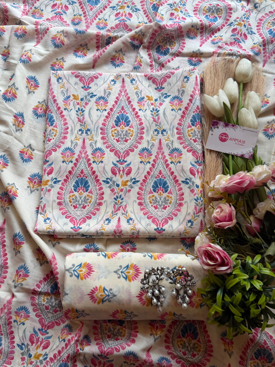 Cream base floral fine Cambric cotton suit set