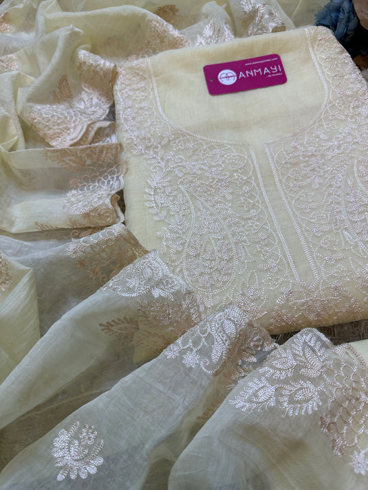 White dori work pastel mul Chanderi suit set