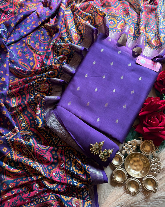 Purple Banarasi pure silk suit with print dupatta