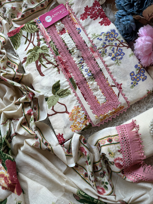 Printed floral flowy cotton suit with fringe laces detail