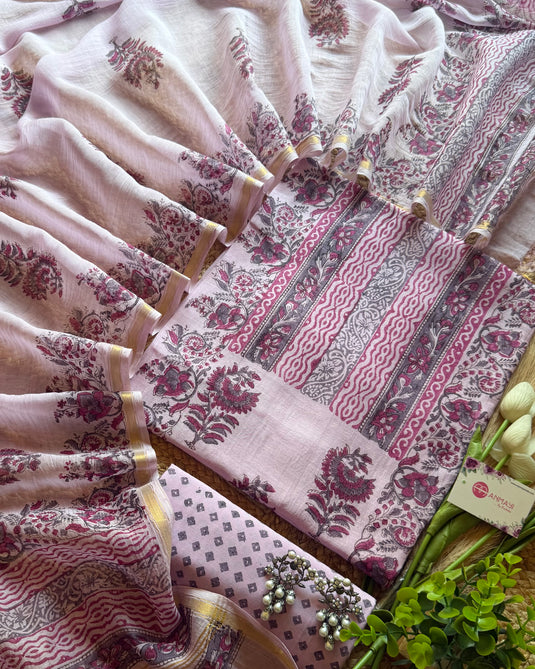 Mughal floral booti block print pure Mul Chanderi suit set